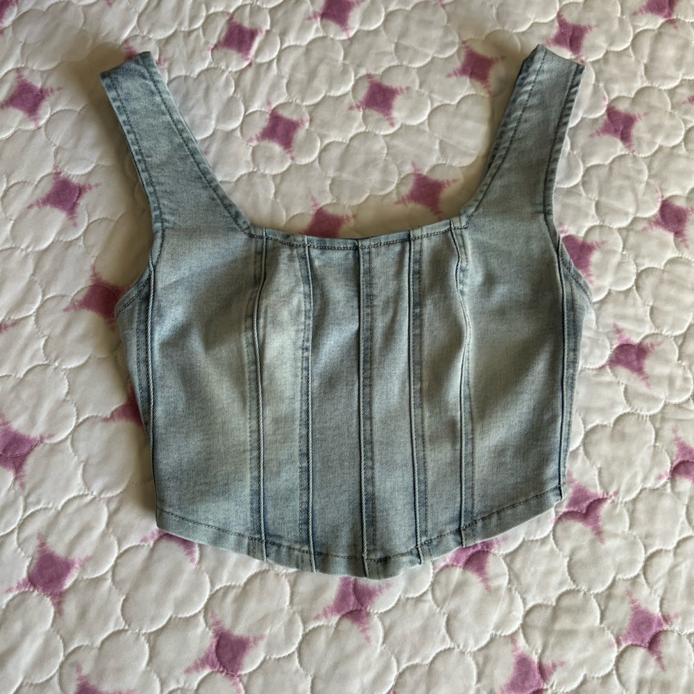 Refuge Denim Corset Style Crop Top Light Blue Wash Sz XS